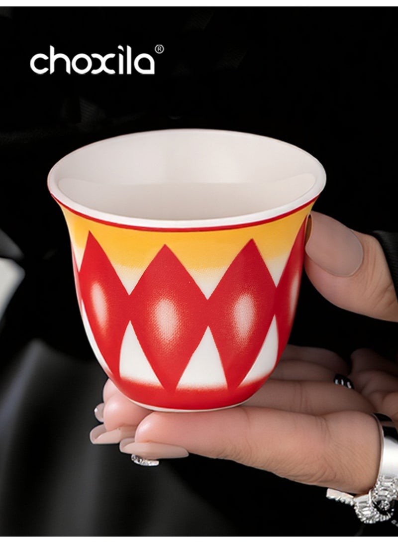 choxila 6pcs/set Finjān Cups, Traditional Pattern Porcelain Arabic Coffee Cawa Cup, 70ml Mini Ceramic Coffee Cups, Middle Eastern Style Geometric Pattern Coffee Mugs, Saudi Style Tea Cups, for Ramadan/Party/Wedding/Camping, Ramadan Gifts - Image 4